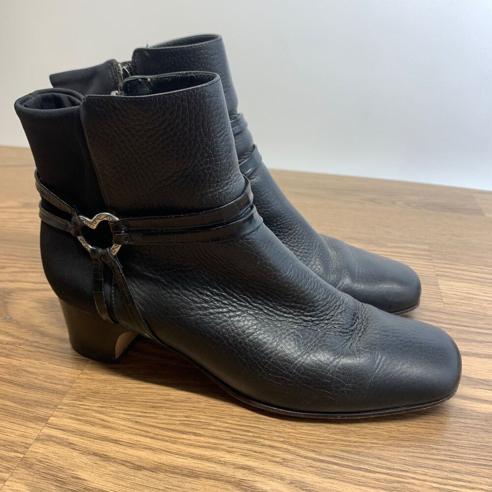 Brighton Gigi Black Leather Ankle Boots Booties‎ Zip Up  Women's 8 Harness